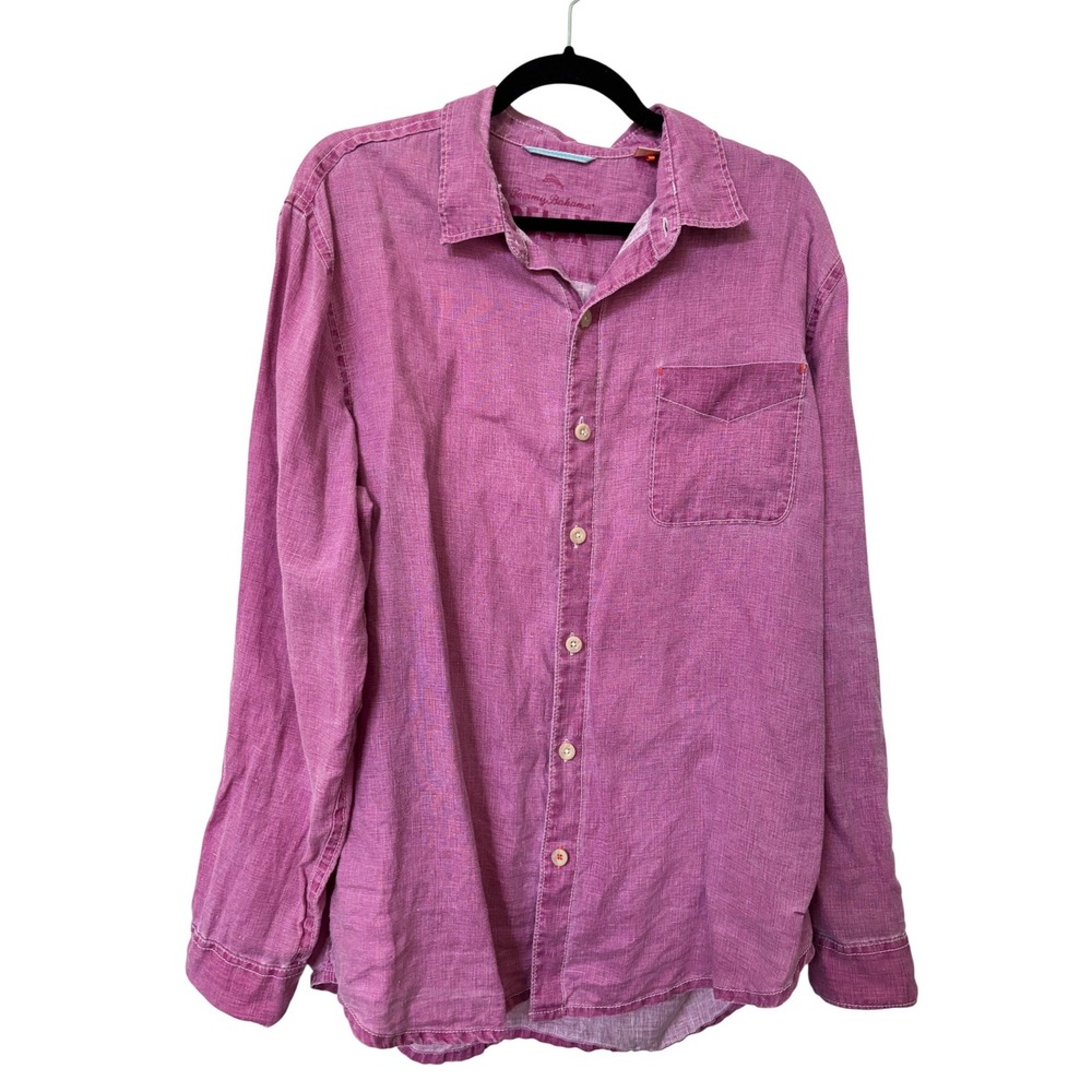 Tommy Bahama Relax Mens Large Pink‎ 100% Linen Long Sleeve Button Down Shirt